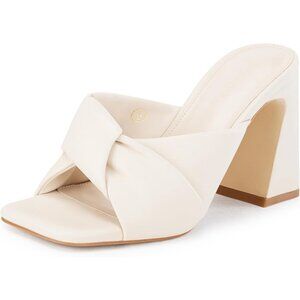 Women's White Chunky Heeled Mules Puffy Knot Square Open Toe Slip On Sandals